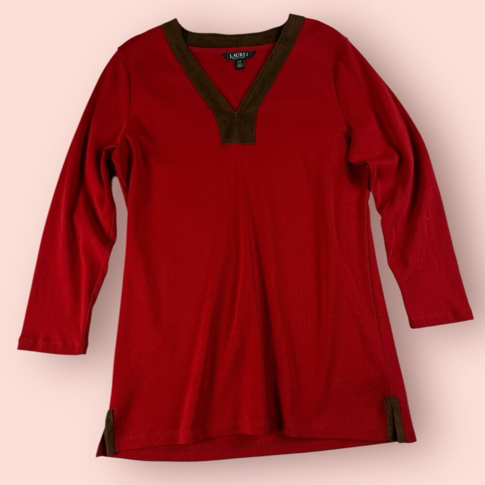 Ralph Lauren red top shirt womens large Blouse faux suede trim tunic 3/4 sleeve